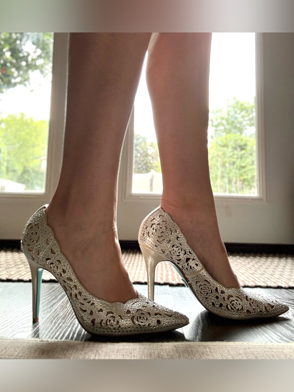 Betsey Johnson Silver Laser-Cut Crystal Pointed Toe Pumps with Turquoise Sole